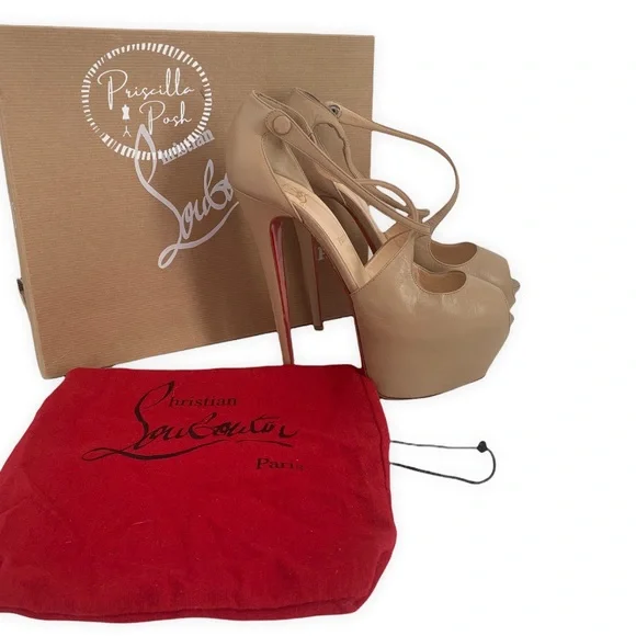 Christian Louboutin Kid Exagona 160 Pumps 39.5 Nude Platform Peep Toe