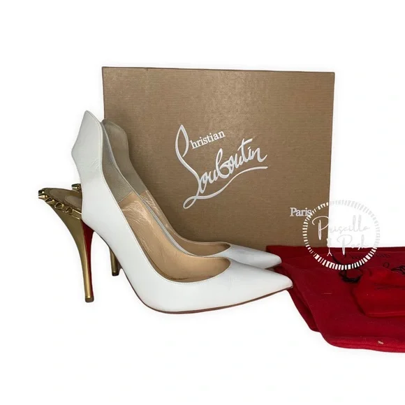 Christian Louboutin Survivita Spike Red Sole Pump, White/Gold Studded Heel