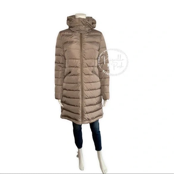 Moncler Flamme Long Down Puffer Coat Taupe Beige Flammette