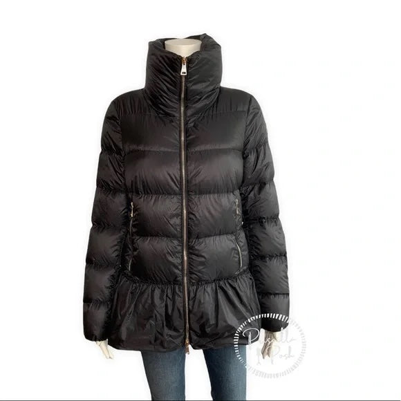 Moncler Women's Black Anet Peplum Down Coat Black Puffer Coat Ruffle Hem