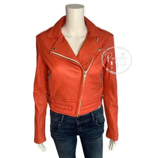 IRO Zefir Cropped Leather Zip Jacket, Light Red Orange Coral lamb leather Moto