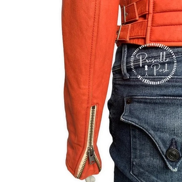 IRO Zefir Cropped Leather Zip Jacket, Light Red Orange Coral lamb leather Moto