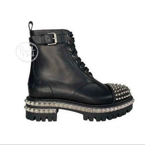 NWT CHRISTIAN LOUBOUTIN King Street Spike Combat Boot In Black/ Silver Spikes