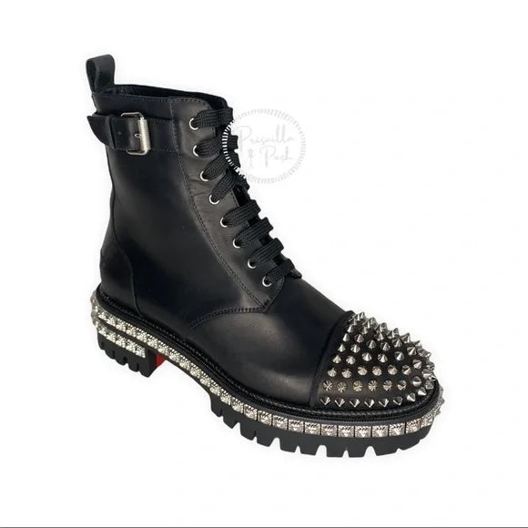 NWT CHRISTIAN LOUBOUTIN King Street Spike Combat Boot In Black/ Silver Spikes