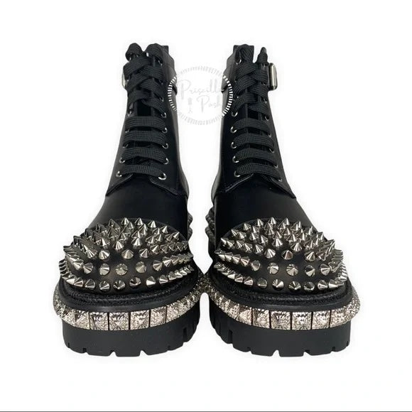 NWT CHRISTIAN LOUBOUTIN King Street Spike Combat Boot In Black/ Silver Spikes