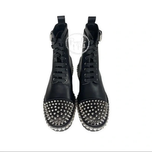 NWT CHRISTIAN LOUBOUTIN King Street Spike Combat Boot In Black/ Silver Spikes