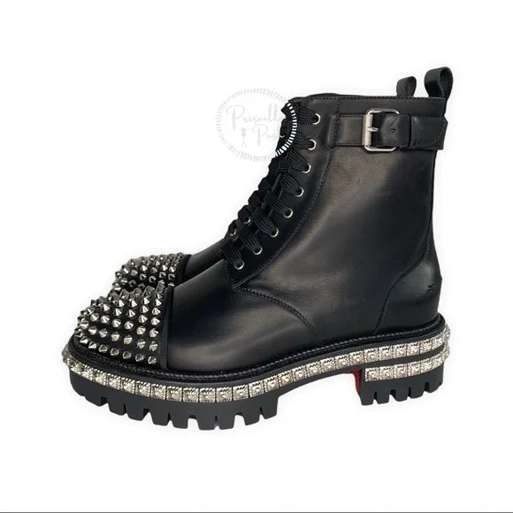 NWT CHRISTIAN LOUBOUTIN King Street Spike Combat Boot In Black/ Silver Spikes