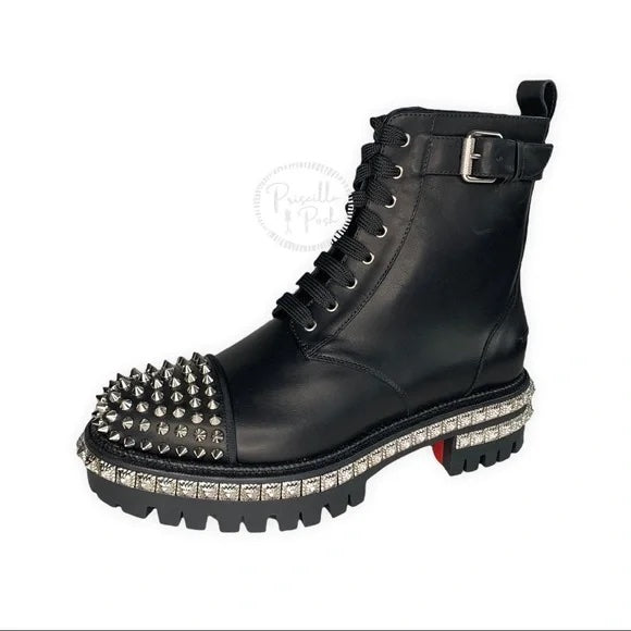 NWT CHRISTIAN LOUBOUTIN King Street Spike Combat Boot In Black/ Silver Spikes