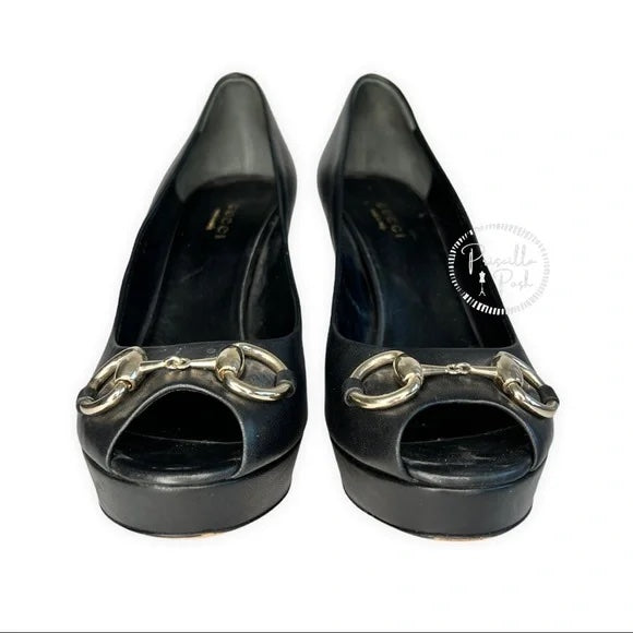 Gucci Black Leather Horsebit Peep Toe Platform Pumps 36.5