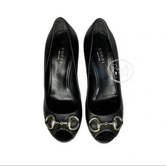 Gucci Black Leather Horsebit Peep Toe Platform Pumps 36.5