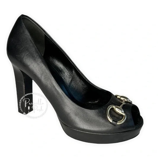 Gucci Black Leather Horsebit Peep Toe Platform Pumps 36.5
