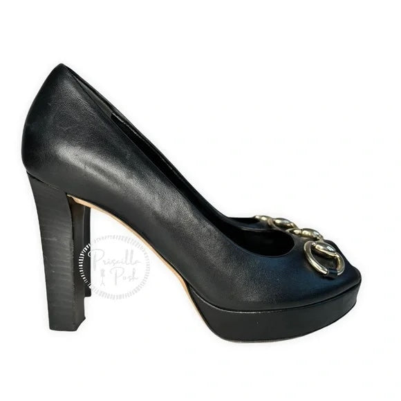 Gucci Black Leather Horsebit Peep Toe Platform Pumps 36.5