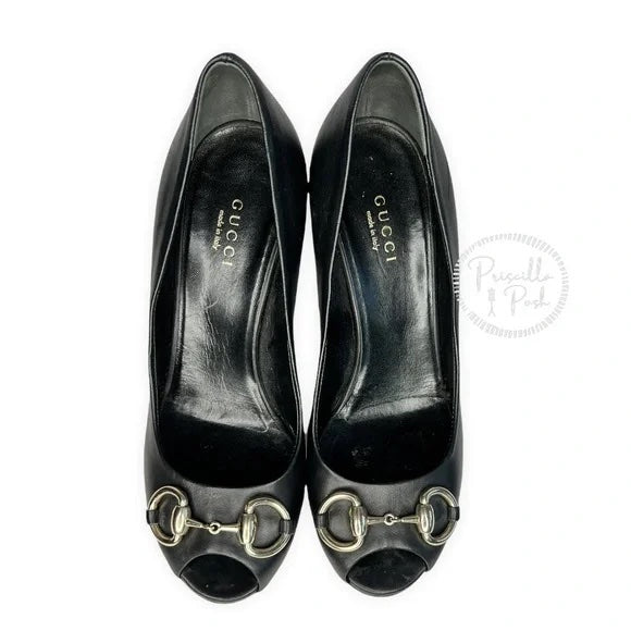 Gucci Black Leather Horsebit Peep Toe Platform Pumps 36.5