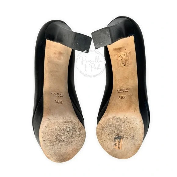 Gucci Black Leather Horsebit Peep Toe Platform Pumps 36.5