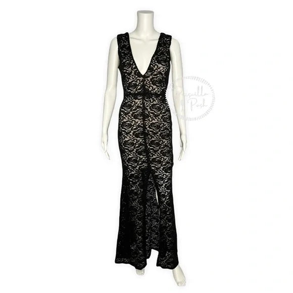Alice + Olivia Black Mia Formal Dress Lace V-neck open back front slit maxi gown 2