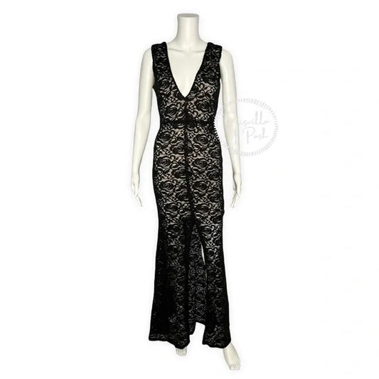 Alice + Olivia Black Mia Formal Dress Lace V-neck open back front slit maxi gown 2