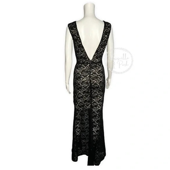 Alice + Olivia Black Mia Formal Dress Lace V-neck open back front slit maxi gown 2