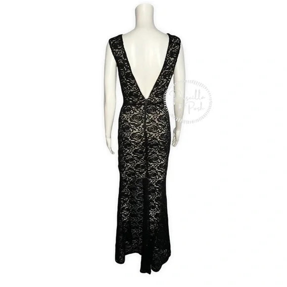 Alice + Olivia Black Mia Formal Dress Lace V-neck open back front slit maxi gown 2