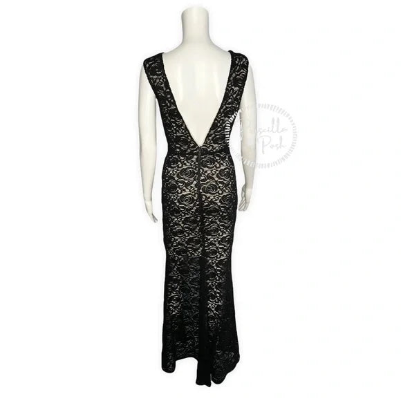 Alice + Olivia Black Mia Formal Dress Lace V-neck open back front slit maxi gown 2