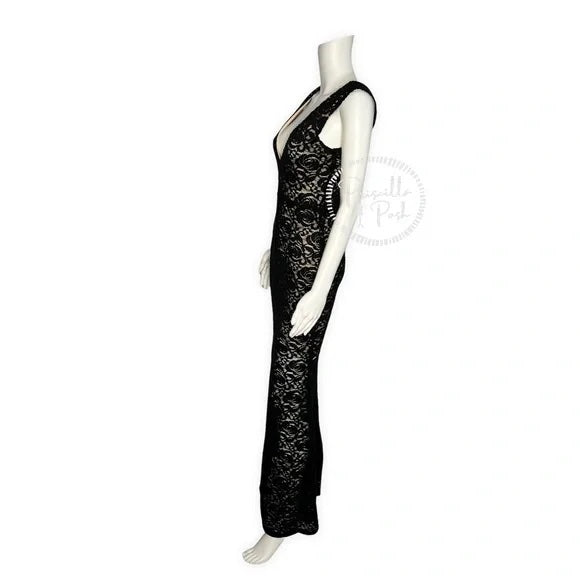 Alice + Olivia Black Mia Formal Dress Lace V-neck open back front slit maxi gown 2