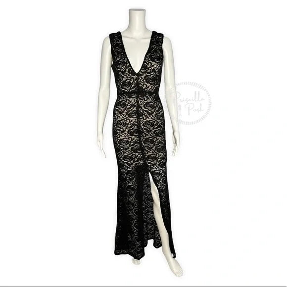 Alice + Olivia Black Mia Formal Dress Lace V-neck open back front slit maxi gown 2
