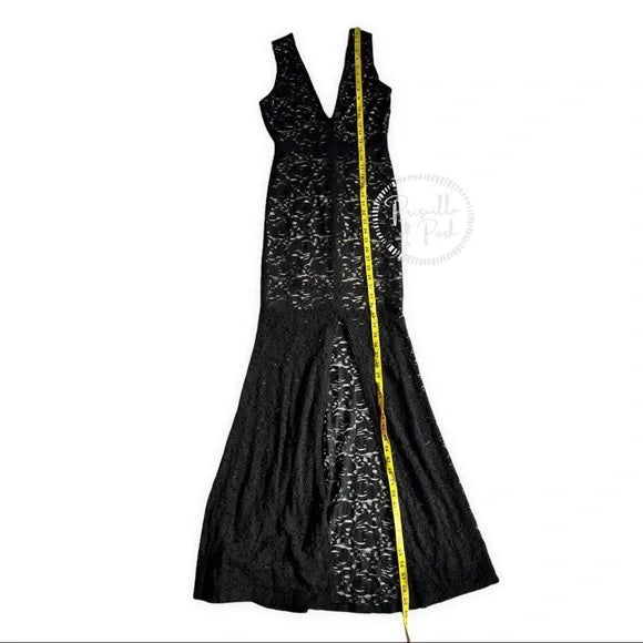 Alice + Olivia Black Mia Formal Dress Lace V-neck open back front slit maxi gown 2