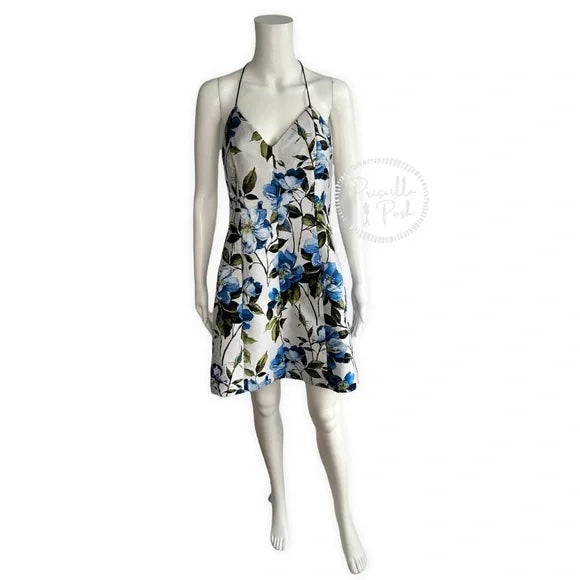NWT Alice + Olivia Tayla Mini Dress in White & Multi Blue Floral Fit and Flare