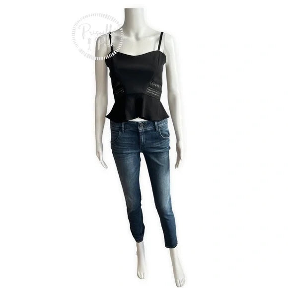 Jonathan Simkhai Black Crepe and Bonded Lace Peplum Cropped Top