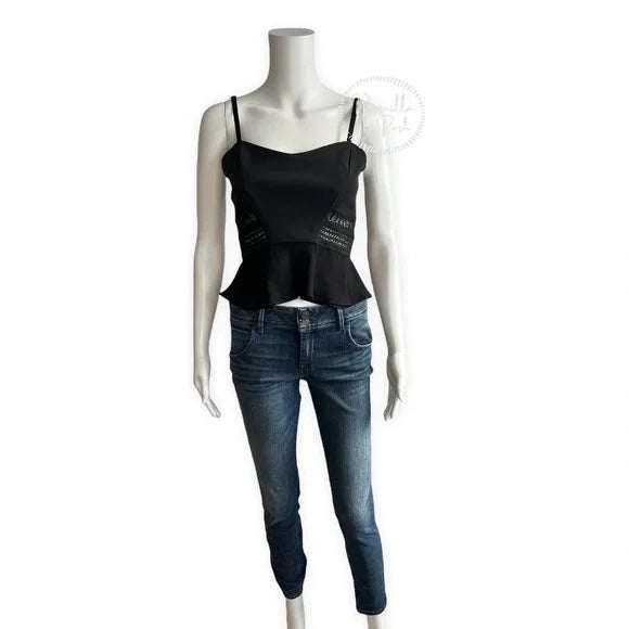Jonathan Simkhai Black Crepe and Bonded Lace Peplum Cropped Top