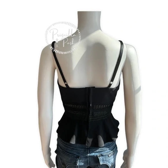 Jonathan Simkhai Black Crepe and Bonded Lace Peplum Cropped Top