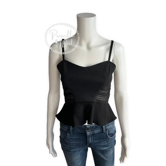 Jonathan Simkhai Black Crepe and Bonded Lace Peplum Cropped Top