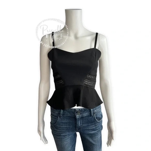 Jonathan Simkhai Black Crepe and Bonded Lace Peplum Cropped Top