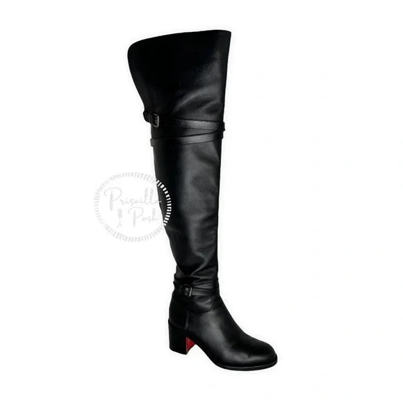 Christian Louboutin Calfskin Over The Knee Boots Black Leather Boots 37.5