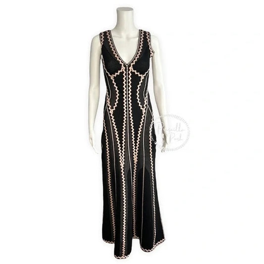 Hervé Leger Lineisy Zigzag Black Fluted Jacquard Knit Gown Formal Dress Maxi