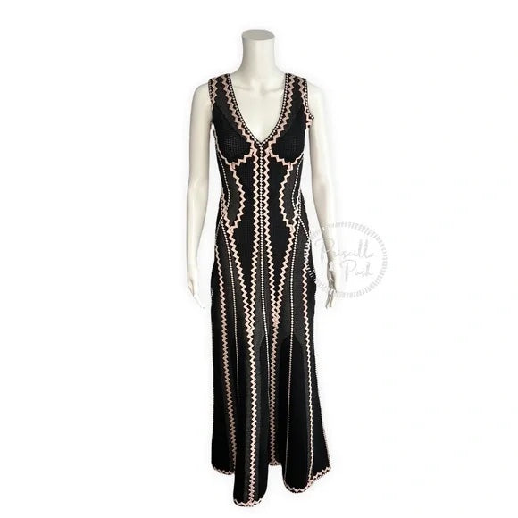 Hervé Leger Lineisy Zigzag Black Fluted Jacquard Knit Gown Formal Dress Maxi