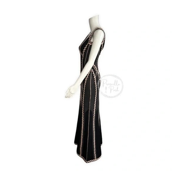 Hervé Leger Lineisy Zigzag Black Fluted Jacquard Knit Gown Formal Dress Maxi