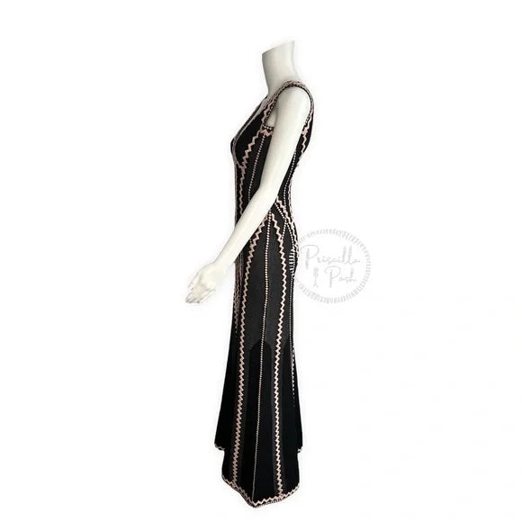 Hervé Leger Lineisy Zigzag Black Fluted Jacquard Knit Gown Formal Dress Maxi
