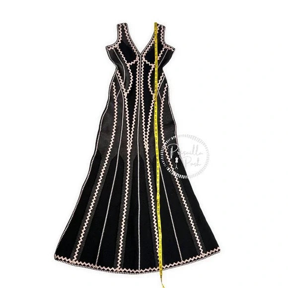 Hervé Leger Lineisy Zigzag Black Fluted Jacquard Knit Gown Formal Dress Maxi