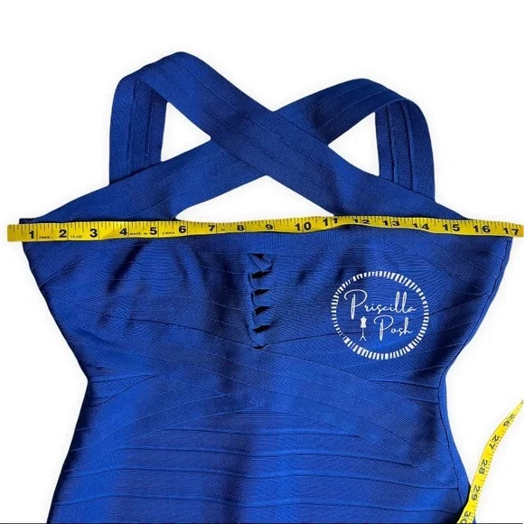 NWT Herve Leger Chrissy Cross-Strap Mermaid Bandage Gown Royal Blue