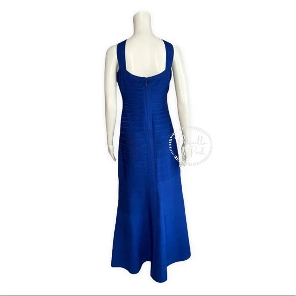 NWT Herve Leger Chrissy Cross-Strap Mermaid Bandage Gown Royal Blue