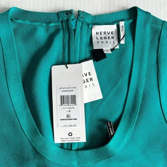 NWT HERVE LEGER Women's Sleeveless Bandage Dress In Turquoise