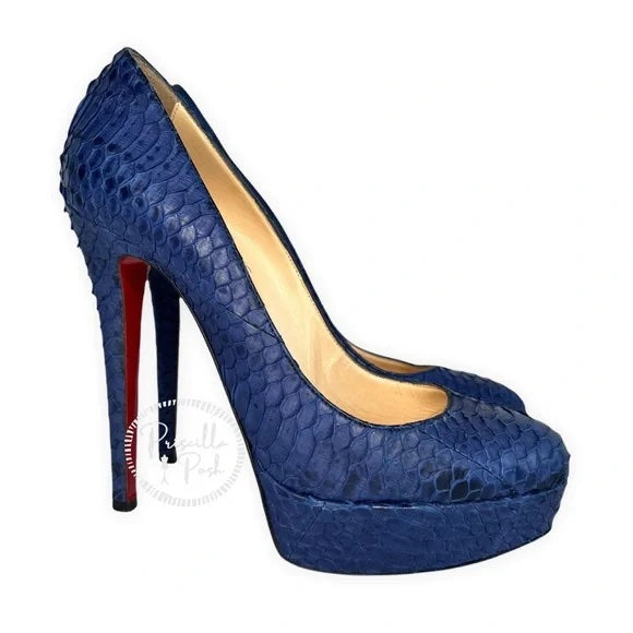 Christian Louboutin Blue Python Bianca Platform Pumps Size 37.5 Snake