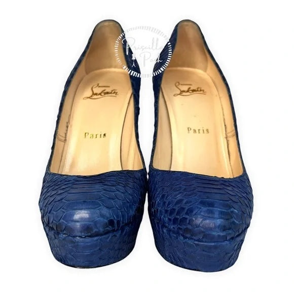 Christian Louboutin Blue Python Bianca Platform Pumps Size 37.5 Snake