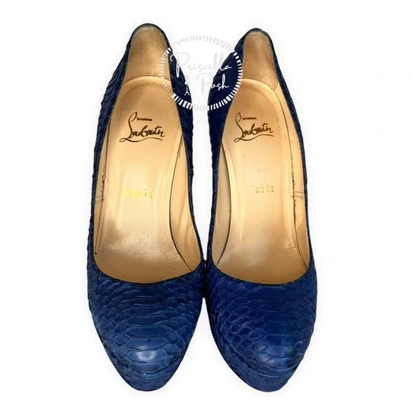 Christian Louboutin Blue Python Bianca Platform Pumps Size 37.5 Snake