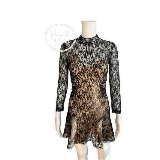 Alexander Wang Long Sleeve Contoured Mini Dress in Black Lace Sheer Nude Slip