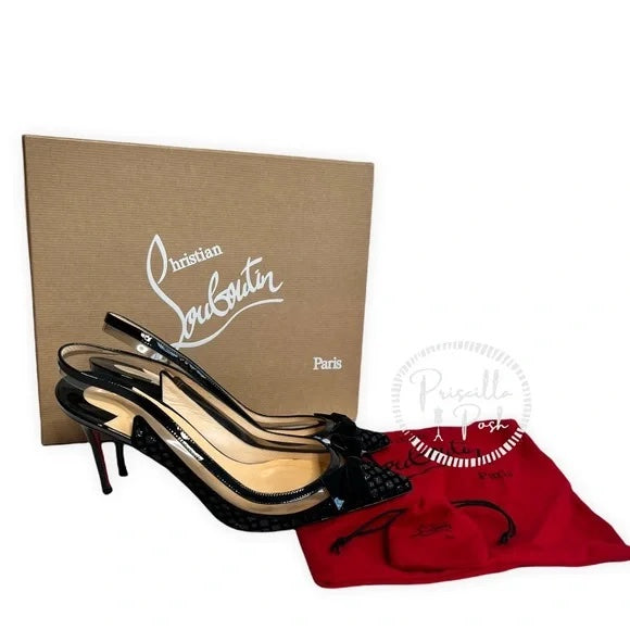 Christian Louboutin Suspenodo Flocked Slingback Pump Black Glitter Bow PVC Heels