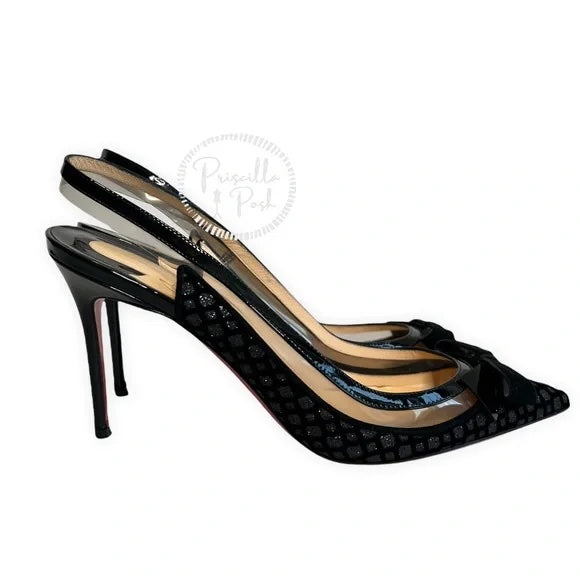 Christian Louboutin Suspenodo Flocked Slingback Pump Black Glitter Bow PVC Heels