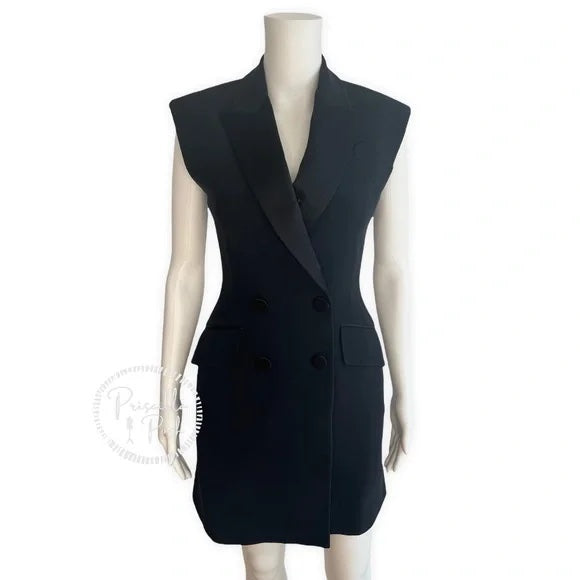 Alexander McQueen Women's Black Tuxedo Dress Double Breasted Satin Lapel A-Line