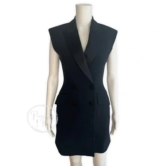 Alexander McQueen Women's Black Tuxedo Dress Double Breasted Satin Lapel A-Line