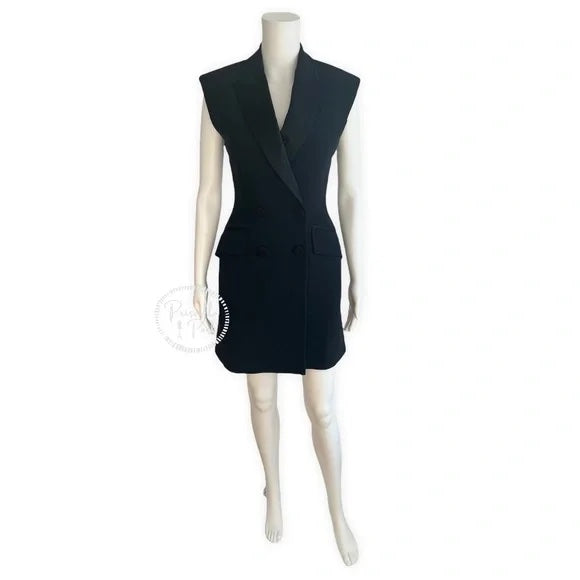 Alexander McQueen Women's Black Tuxedo Dress Double Breasted Satin Lapel A-Line